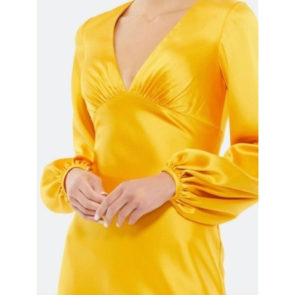 Mac Duggal Women's Yellow Satin Long Sleeve V-Neck Maxi Dress SIZE 8  NWT 55693 - Picture 3 of 9